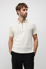T-shirt polo homme Antioch blanc cassé en maille texturée