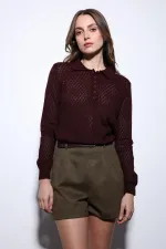 Pull en maille à motif Antioch bordeaux à col polo pour femme