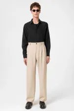 Pantalon homme Antioch beige à taille haute plissée et coupe décontractée