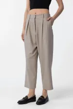 Antioch Beige Pleated Soft Ankle Length Women's Trousers