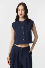 Antioch Lacivert Keten Karışımlı Kadın Yelek