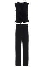 Antioch Black Textured Women's Suit with Tie Detail