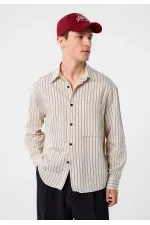 Antioch Bej Relax Fit Çizgili Erkek Gömlek