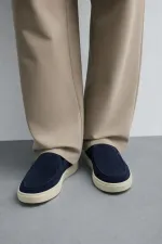 Antioch Navy Blue Stitched Suede Leather Loafers