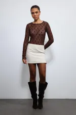 Antioch Kahve Dantel Detaylı Transparan Bluz