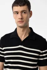 Antioch Siyah/Ekru Polo Yaka Çizgili Erkek Triko T-Shirt