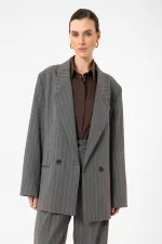 Antioch Gri Kadın Çizgili Oversize Blazer Ceket