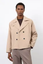 Antioch Beige Double-Breasted Short Men's Coat