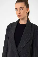Antioch Lacivert Kadın Çizgili Oversize Blazer Ceket