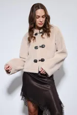 Antioch Beige Faux Fur Jacket with Decorative Buttons