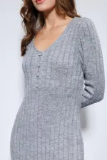 Antioch Gri Yırtmaç Detaylı Triko Elbise