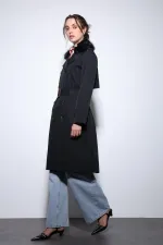 Trench-coat Antioch noir à col en fausse fourrure pour femme