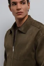 Antioch Haki Fermuarlı Suni Süet Erkek Mont