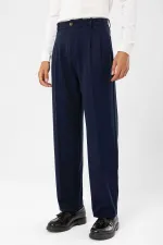 Pantalon homme Antioch bleu marine foncé, taille haute, plissé, coupe décontractée
