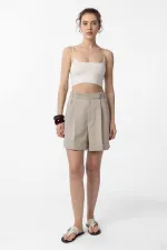 Antioch Bej Yüksek Bel Pensli  Kadın Bermuda Şort