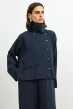 Antioch Lacivert Özel Dik Yaka Kadın Gömlek