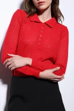 Pull en maille à motif Antioch rouge à col polo pour femme