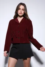 Veste Antioch en daim bordeaux pour femme avec détails à pompons