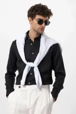 Antioch Black Collar Button Detail 100% Linen Men's Shirt