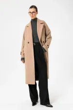 Antioch Bej Kadın Yumuşak Dokulu Oversize Kruvaze Kaban