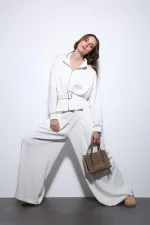 Antioch Ekru Bel Kemerli Geniş Paça Pantolonlu Takım