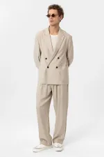 Antioch Bej Relax Fit Diagonel İnce Erkek Blazer Ceket