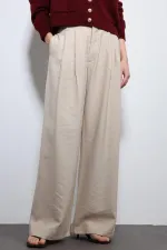 Antioch Bej Bel Lastikli Pileli Kadın Pantolon