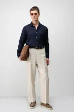 Antioch Lacivert 100% Keten Relax Fit Erkek Gömlek