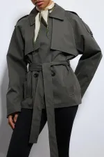 Antioch Haki Kemerli Kısa Trençkot