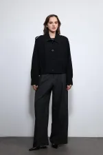 Antioch Black Pleated Detail Stand Collar Coat