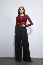 Antioch Bordo Dantel Detaylı Transparan Bluz