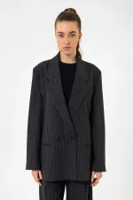 Antioch Lacivert Kadın Çizgili Oversize Blazer Ceket
