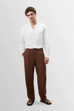 Pantalon pour homme Antioch Coffee en lin mélangé plissé taille haute