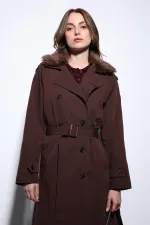 Trench-coat pour femme Antioch Coffee à col en fausse fourrure