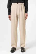 Pantalon homme Antioch beige à taille haute plissée et coupe décontractée