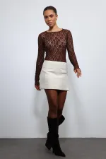 Antioch Kahve Dantel Detaylı Transparan Bluz