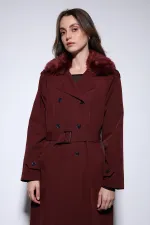 Antioch Burgundy Faux Fur Collar Women's Trench Coat