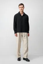 Antioch Siyah Lyocell Karışımlı Geniş Yaka Erkek Gömlek