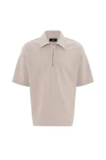 Antioch Bej Relax Fit Fermuarlı Polo Yaka Erkek T-Shirt