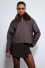 Veste Antioch Coffee en laine mélangée à col en fausse fourrure