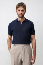 Antioch Lacivert Premium Dokulu Erkek Triko T-Shirt