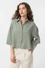 Antioch Haki Crop Dokulu Kadın Gömlek