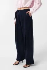 Antioch Lacivert Kemerli Pilili Kadın Pantolon