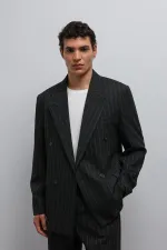 Antioch Black Striped Double-Breasted Men's Blazer Jacket