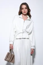 Antioch Ekru Bel Kemerli Geniş Paça Pantolonlu Takım