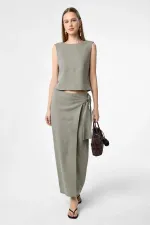 Antioch Khaki Linen Blend Belted Women's Skirt
