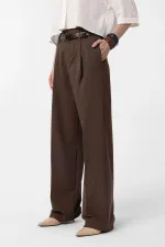 Antioch Kahve Yüksek Bel Pilili Kadın Pantolon