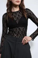 Antioch Siyah Dantel Detaylı Transparan Bluz