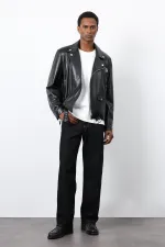 Antioch Siyah 100% Deri Biker Ceket