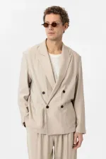 Antioch Bej Relax Fit Diagonel İnce Erkek Blazer Ceket